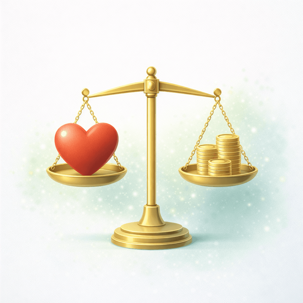 Balanced scale with heart and coins representing prioritizing health over profits