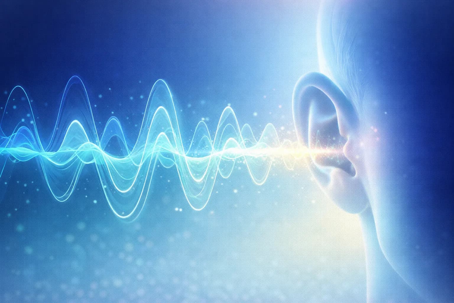 Colorful sound waves flowing into a human ear, representing the science of hearing and sound