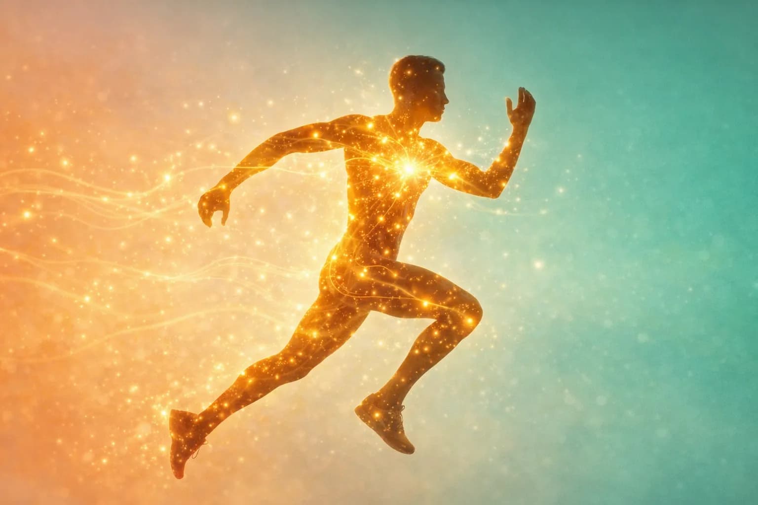 Energetic person with glowing cellular energy representing natural metabolism and mitochondrial health