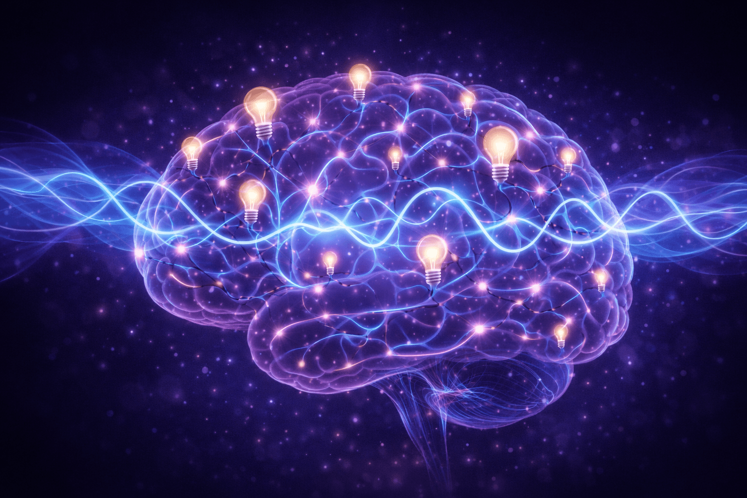 Brain illustration showing neural connections and Theta wave activity linked to creativity and memory