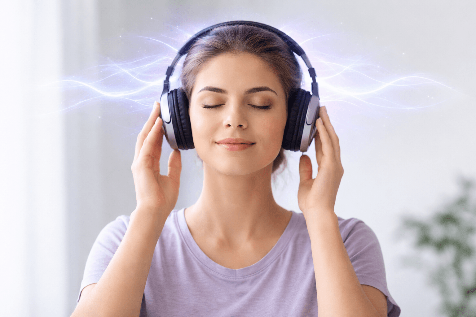 Person using The Genius Wave audio entrainment program with headphones