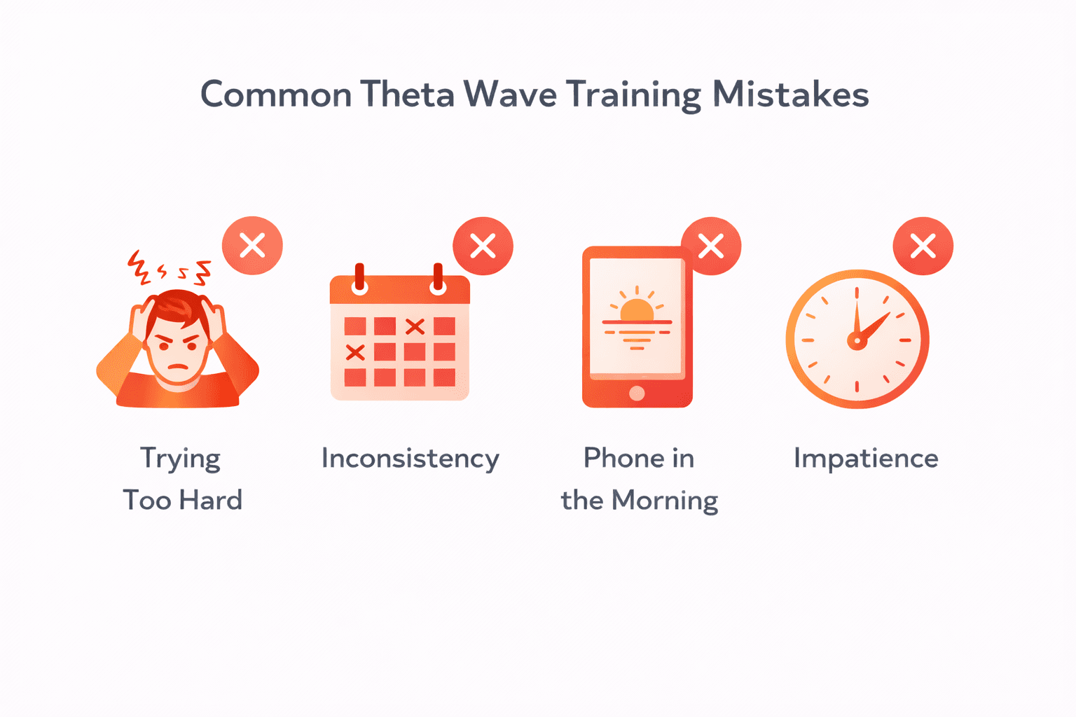 Common Theta wave training mistakes: trying too hard, inconsistency, morning phone use, expecting instant results
