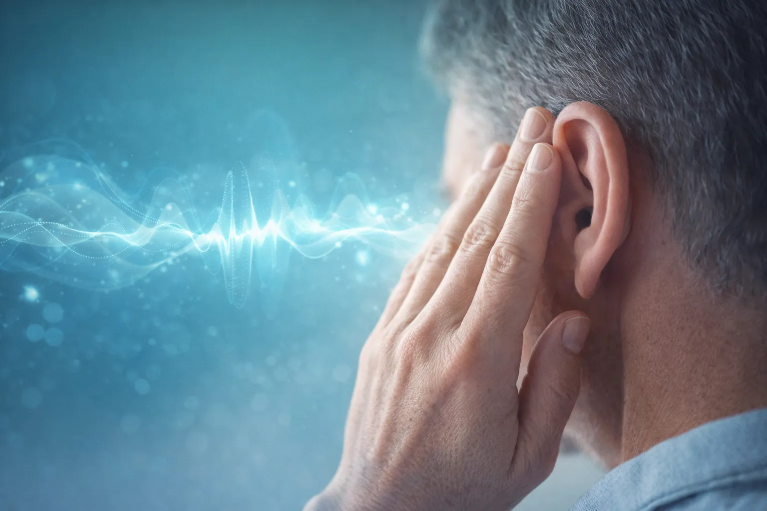 Person with hand near ear representing tinnitus relief and hearing health